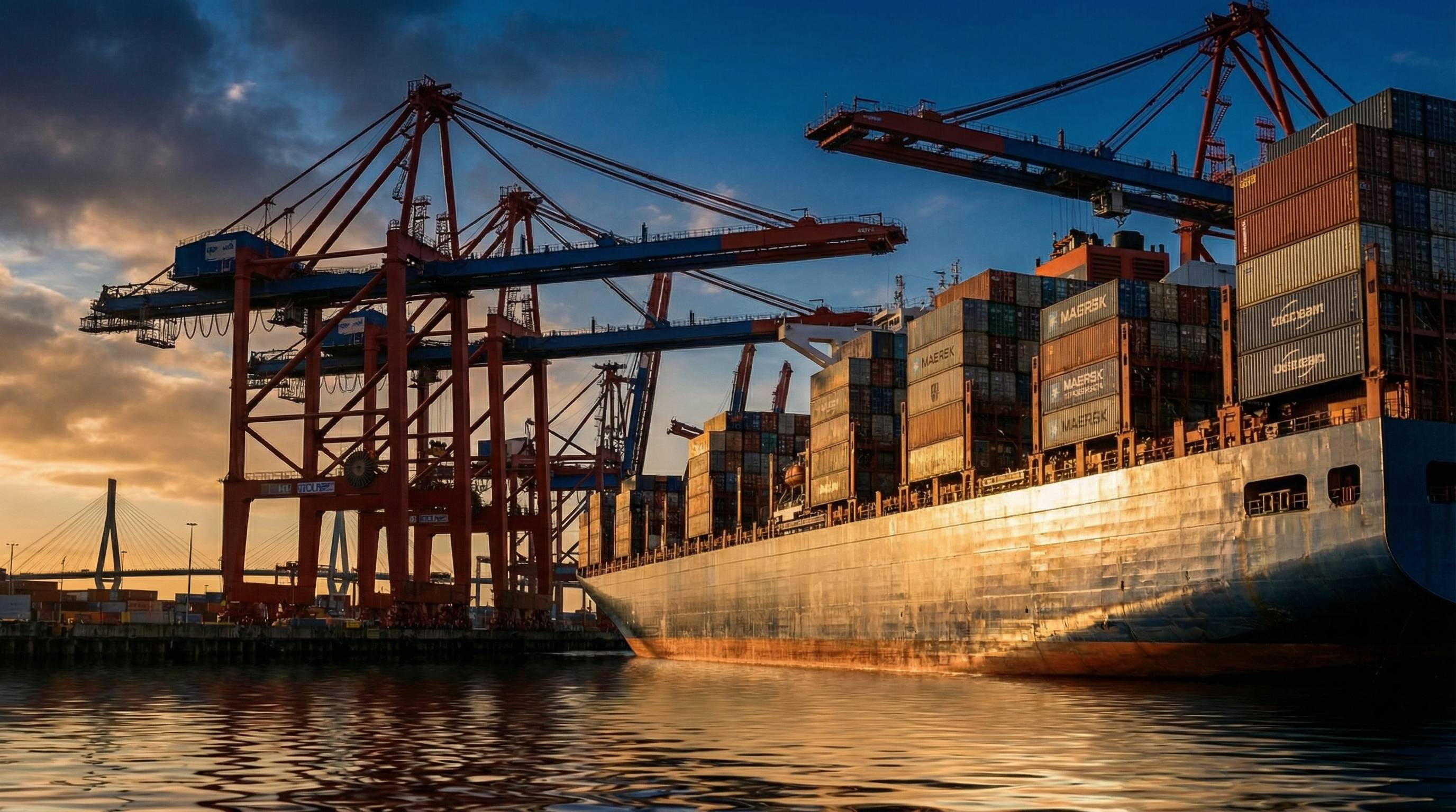 Container ship at port with cranes at sunset